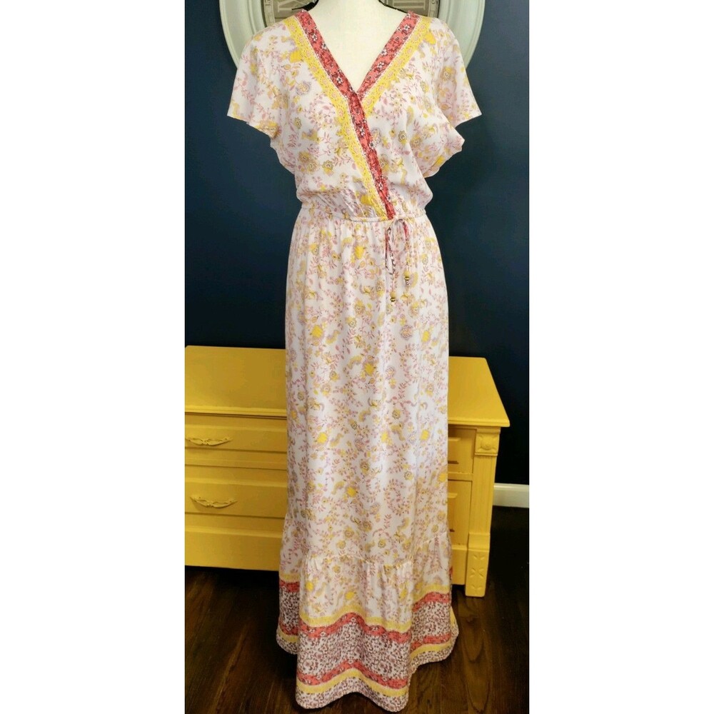 Maxi Dress Women's Size Large Floral Tiered Rayon Pink Yellow Boho Peasant Beach